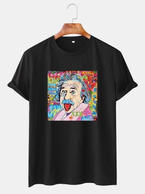 Cartoon Einstein Print Crew Neck Short Sleeve T-Shirts
